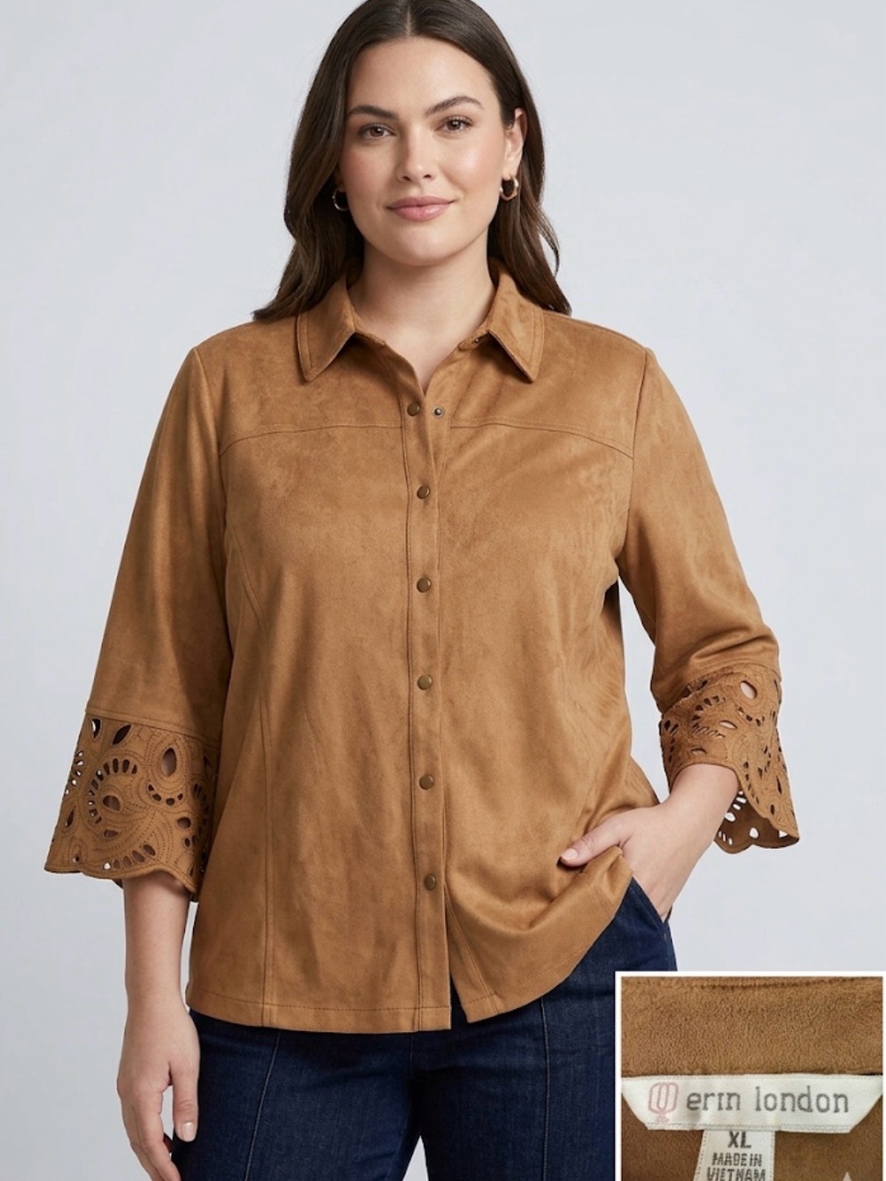 Erin London Brown Faux Suede Shirt Eyelet Sleeves XL Excellent Condition(C62)